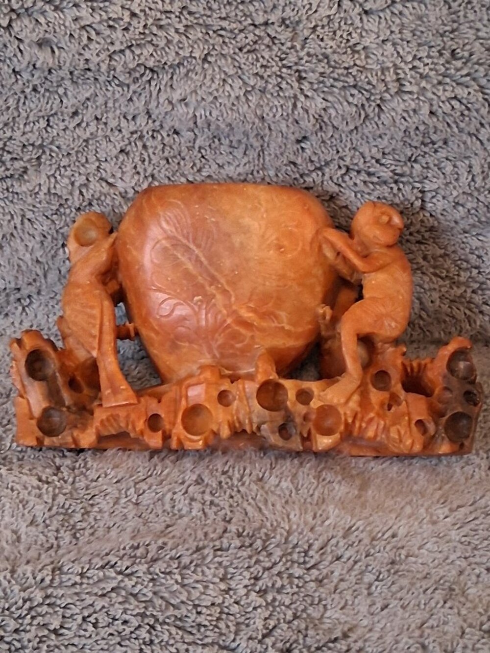 Antique Chinese Carved Soapstone Brush Washer Urn Monkeys Bird Scholar Desk
